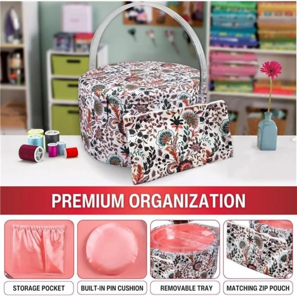 SINGER Premium Round Large Sewing Basket with Matching Zipper Pouch | 30% More
